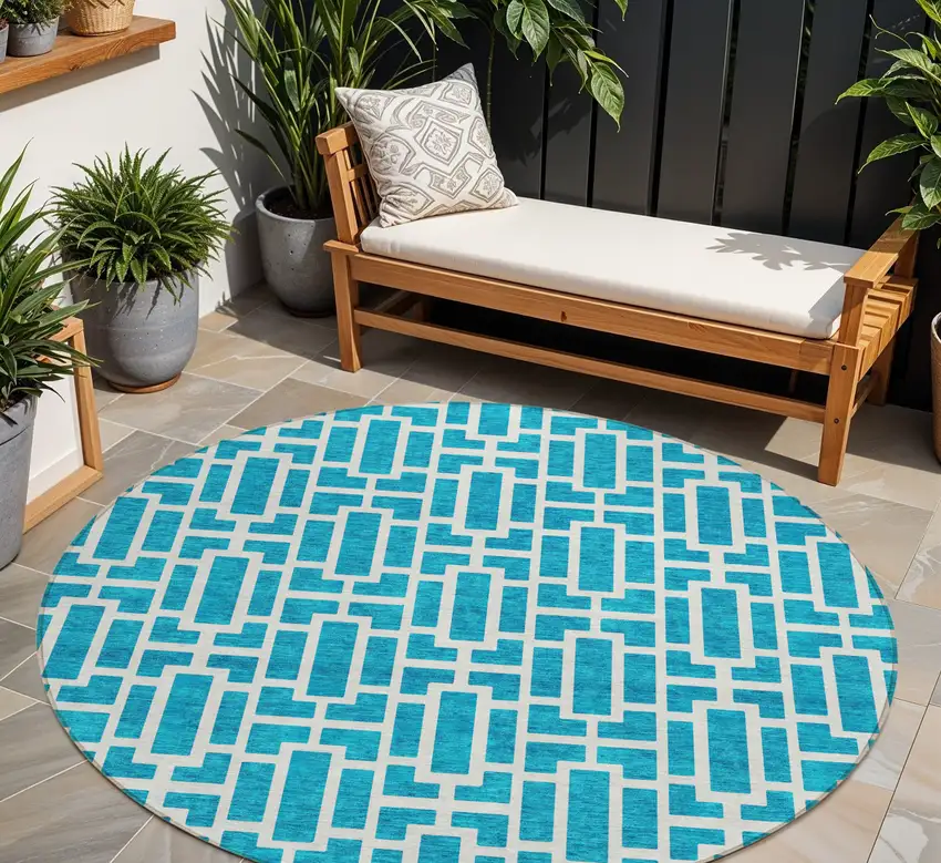 8' Turquoise And Ivory Round Geometric Washable Indoor Outdoor Area Rug Photo 7