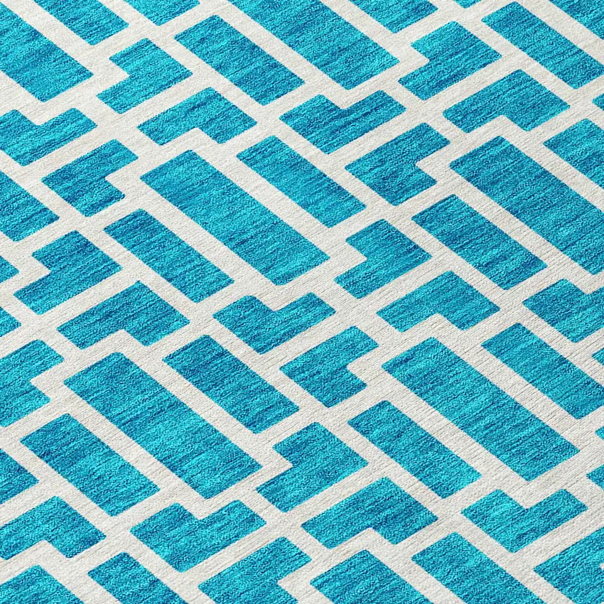 8' Turquoise And Ivory Round Geometric Washable Indoor Outdoor Area Rug Photo 6