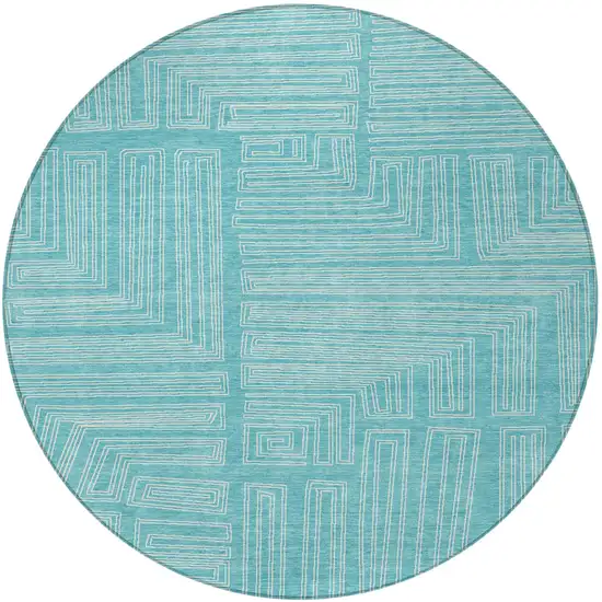 8' Turquoise And Ivory Round Geometric Washable Indoor Outdoor Area Rug Photo 4