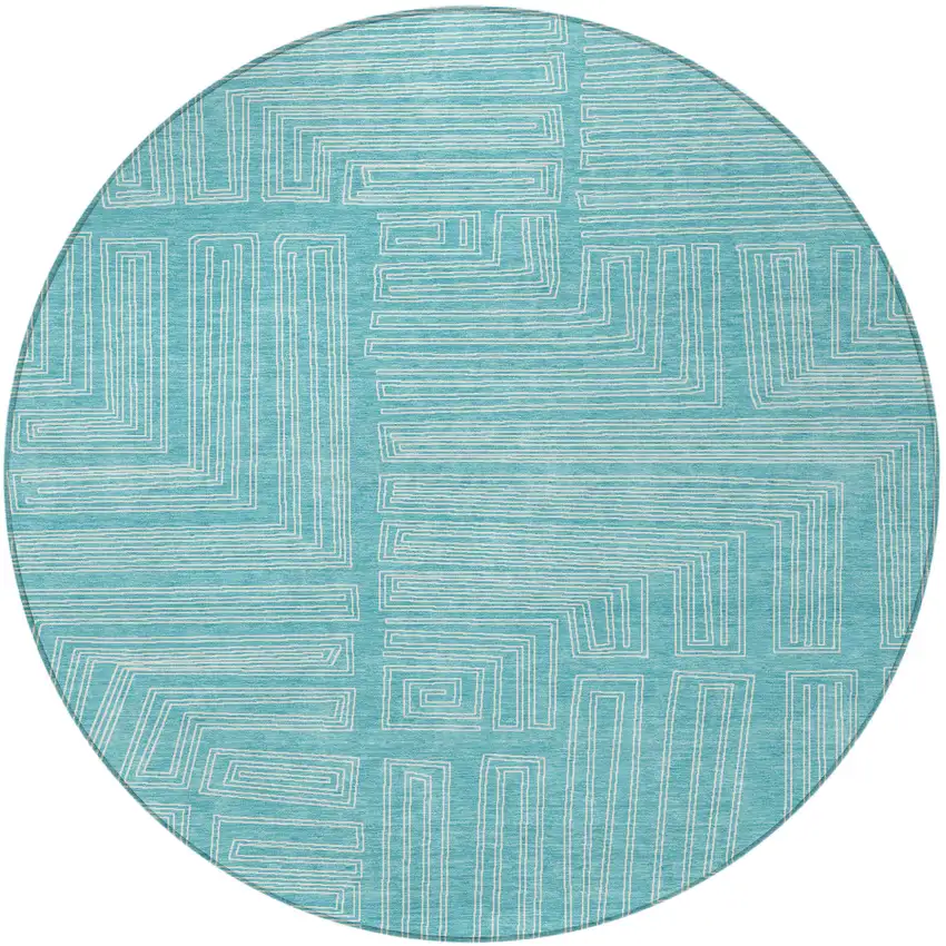 8' Turquoise And Ivory Round Geometric Washable Indoor Outdoor Area Rug Photo 4