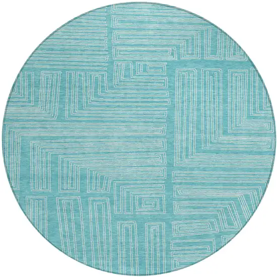 8' Turquoise And Ivory Round Geometric Washable Indoor Outdoor Area Rug Photo 2