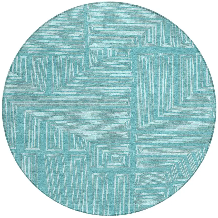 8' Turquoise And Ivory Round Geometric Washable Indoor Outdoor Area Rug Photo 3