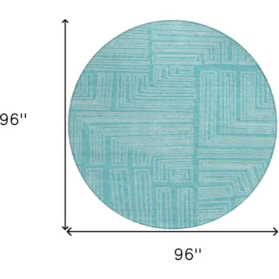 8' Turquoise And Ivory Round Geometric Washable Indoor Outdoor Area Rug Photo 9