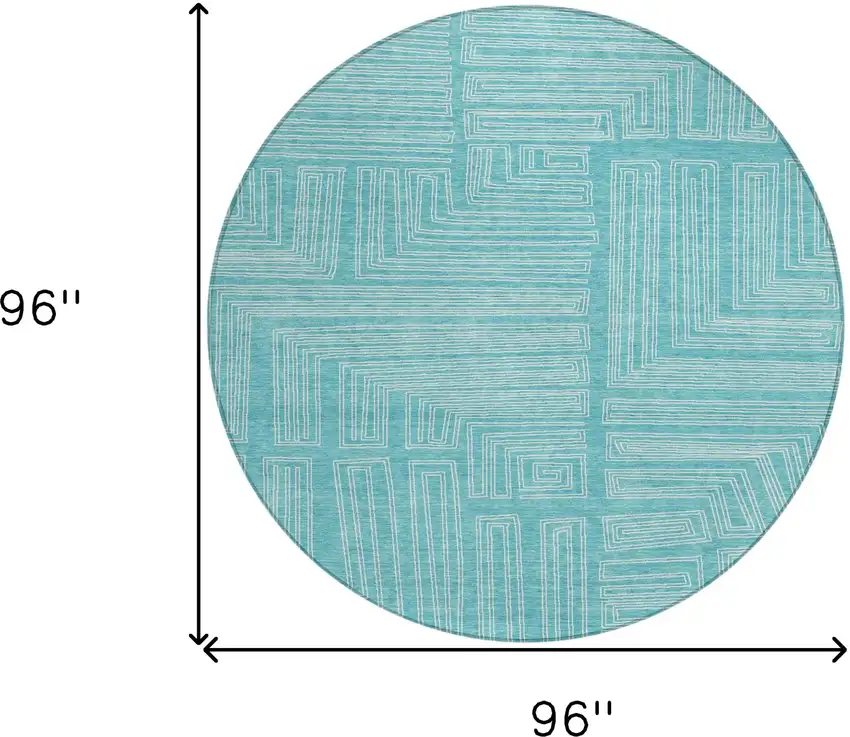 8' Turquoise And Ivory Round Geometric Washable Indoor Outdoor Area Rug Photo 9