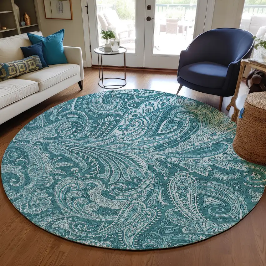 8' Turquoise And Ivory Round Paisley Washable Indoor Outdoor Area Rug Photo 8