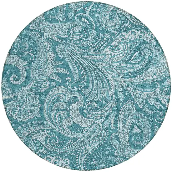 8' Turquoise And Ivory Round Paisley Washable Indoor Outdoor Area Rug Photo 6