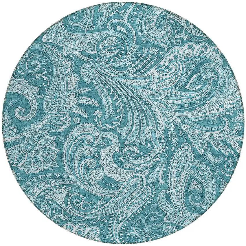 8' Turquoise And Ivory Round Paisley Washable Indoor Outdoor Area Rug Photo 6
