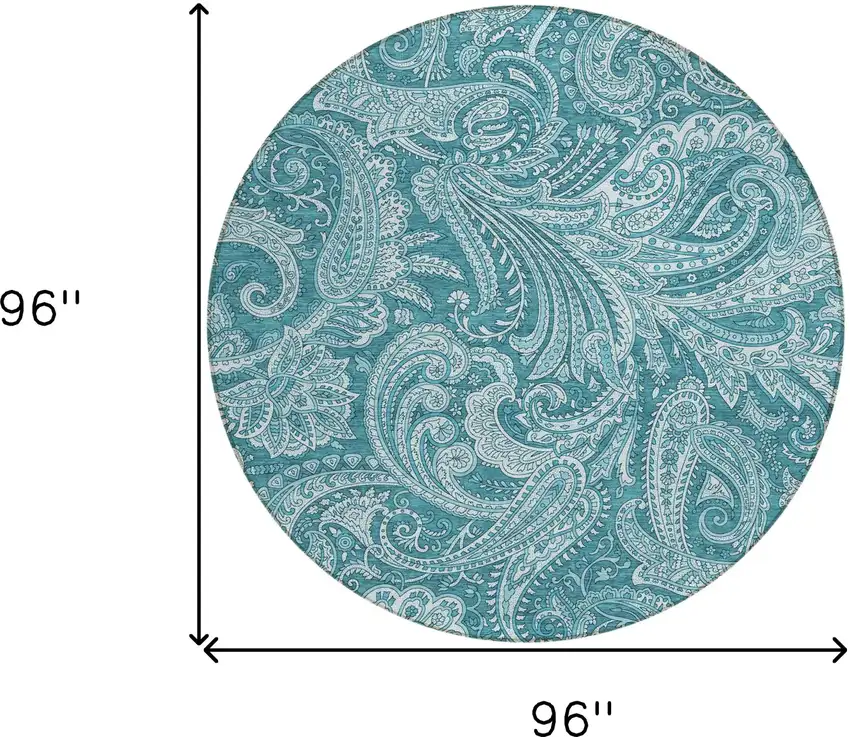8' Turquoise And Ivory Round Paisley Washable Indoor Outdoor Area Rug Photo 3