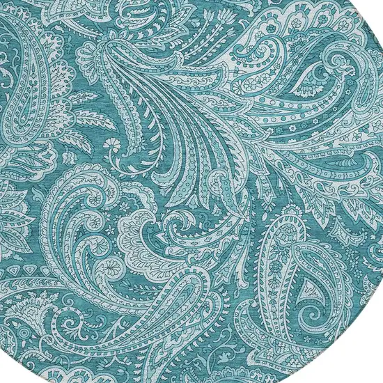 8' Turquoise And Ivory Round Paisley Washable Indoor Outdoor Area Rug Photo 5