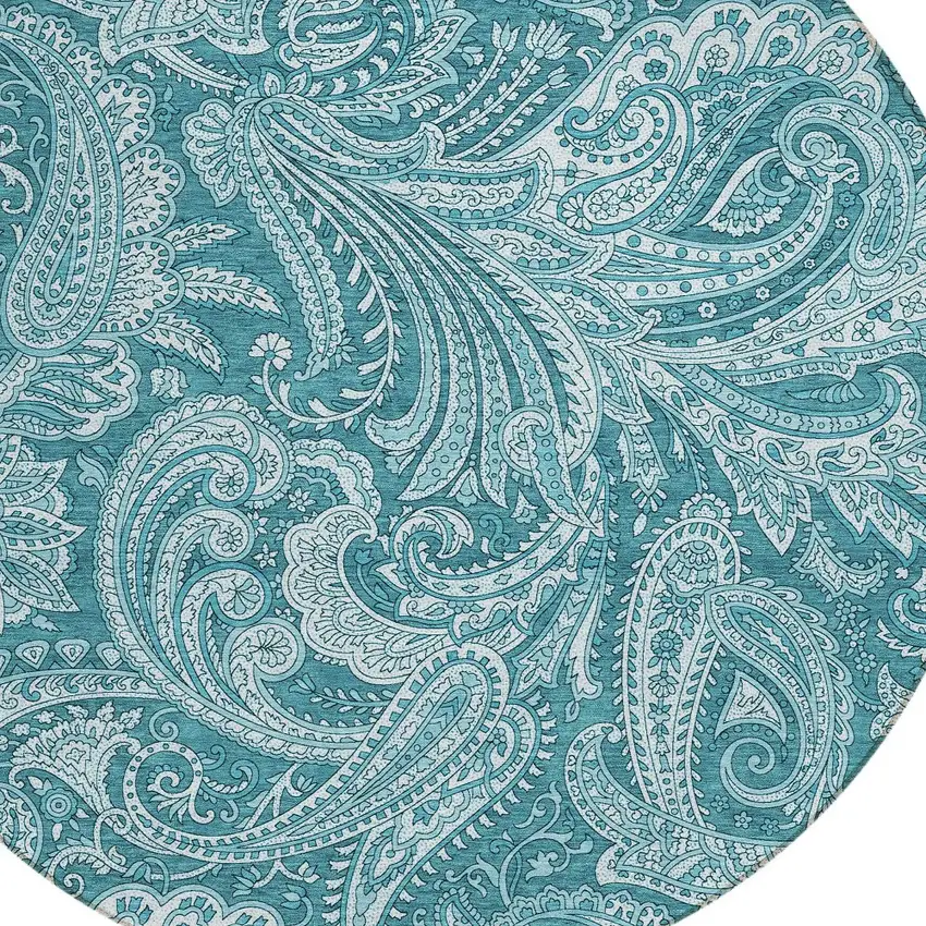 8' Turquoise And Ivory Round Paisley Washable Indoor Outdoor Area Rug Photo 5