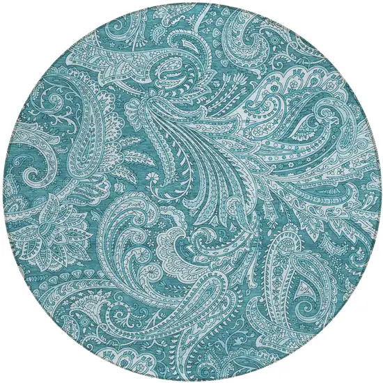 8' Turquoise And Ivory Round Paisley Washable Indoor Outdoor Area Rug Photo 2
