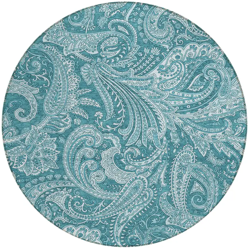 8' Turquoise And Ivory Round Paisley Washable Indoor Outdoor Area Rug Photo 2