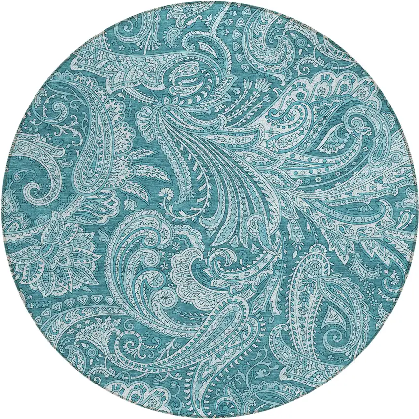 8' Turquoise And Ivory Round Paisley Washable Indoor Outdoor Area Rug Photo 2