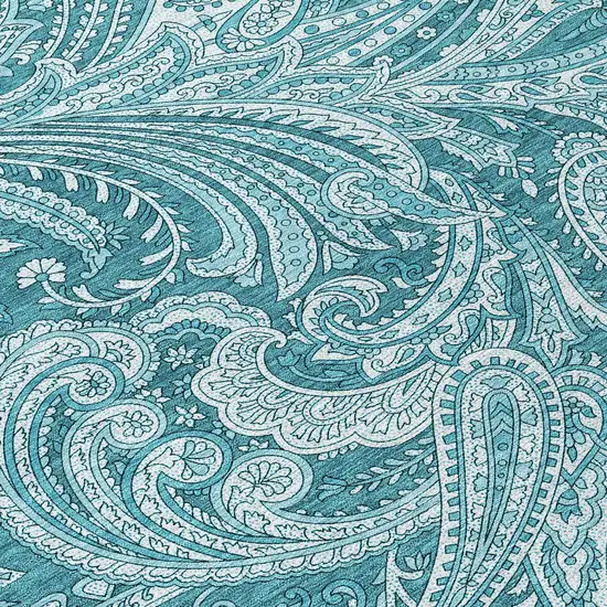 8' Turquoise And Ivory Round Paisley Washable Indoor Outdoor Area Rug Photo 9