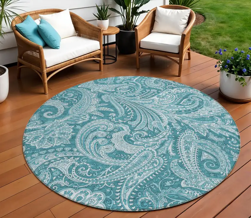 8' Turquoise And Ivory Round Paisley Washable Indoor Outdoor Area Rug Photo 1