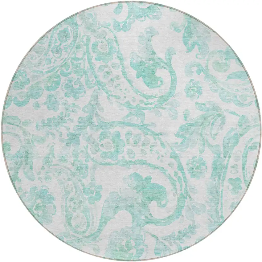 8' Turquoise And Ivory Round Paisley Washable Indoor Outdoor Area Rug Photo 2