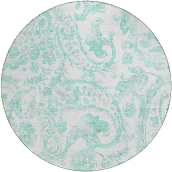 8' Turquoise And Ivory Round Paisley Washable Indoor Outdoor Area Rug Photo 2