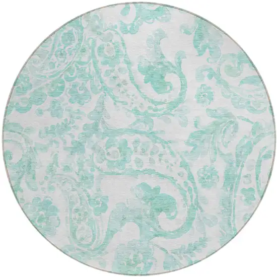 8' Turquoise And Ivory Round Paisley Washable Indoor Outdoor Area Rug Photo 2