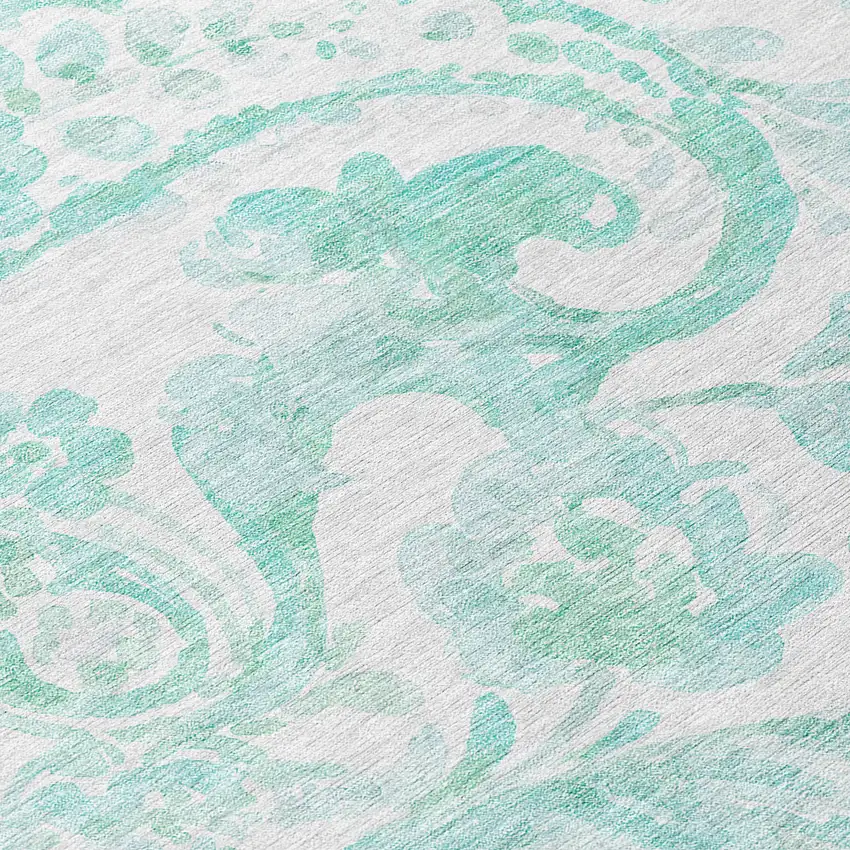 8' Turquoise And Ivory Round Paisley Washable Indoor Outdoor Area Rug Photo 8