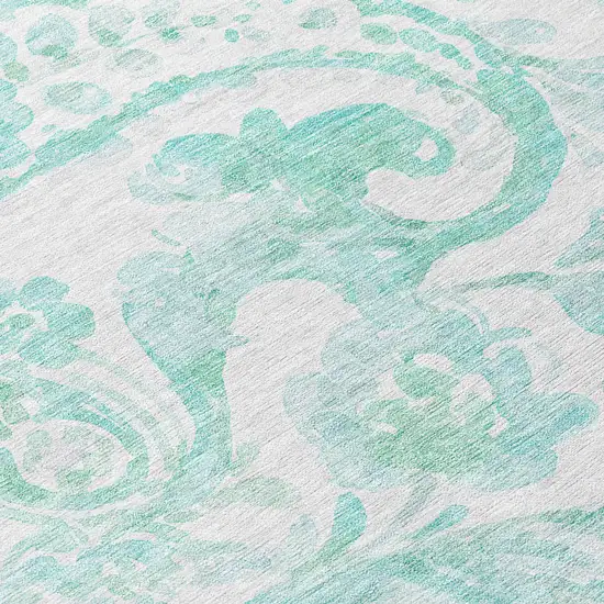 8' Turquoise And Ivory Round Paisley Washable Indoor Outdoor Area Rug Photo 8