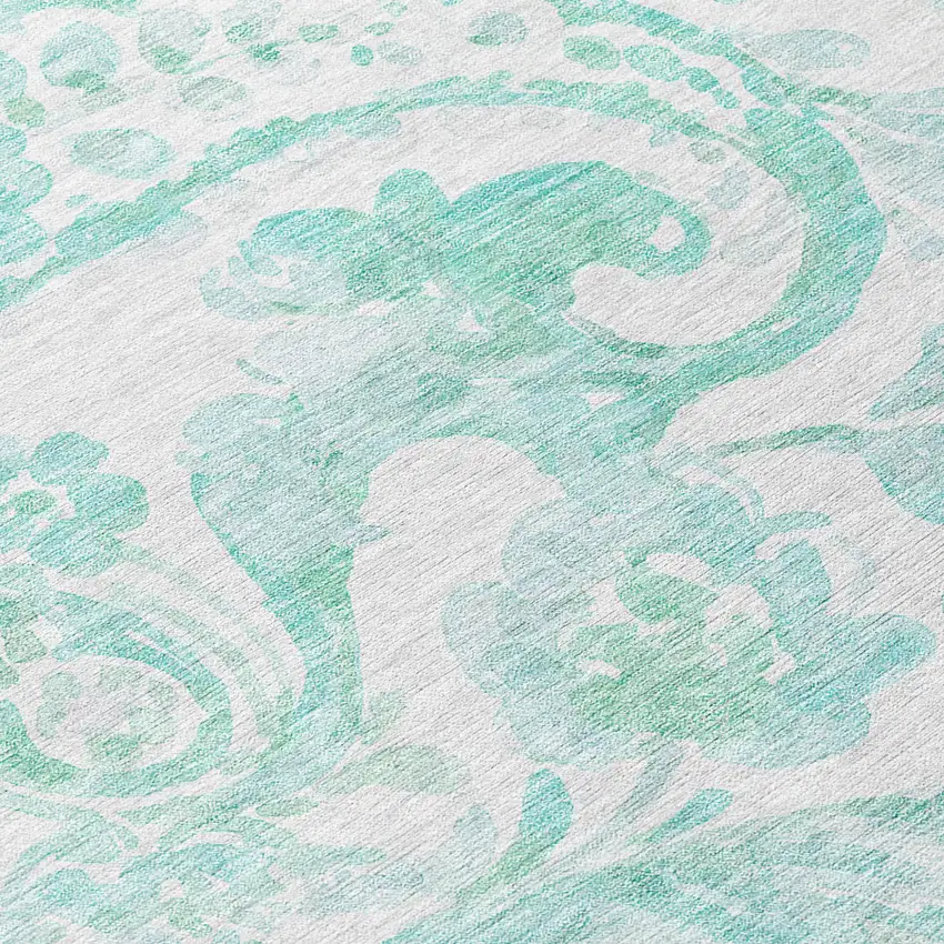 8' Turquoise And Ivory Round Paisley Washable Indoor Outdoor Area Rug Photo 8