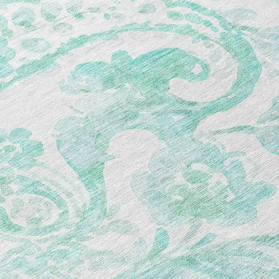8' Turquoise And Ivory Round Paisley Washable Indoor Outdoor Area Rug Photo 8