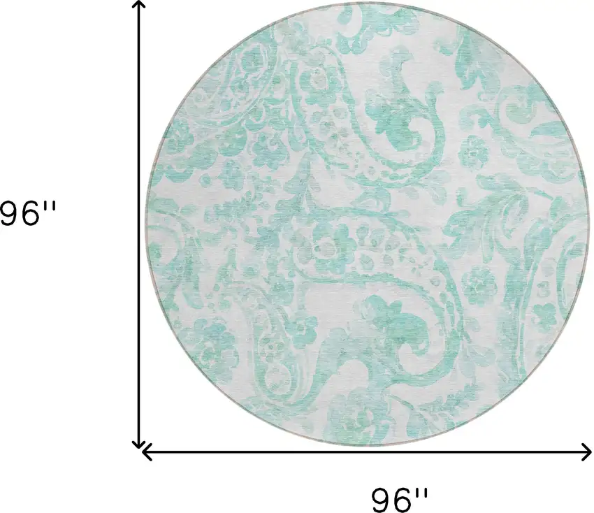 8' Turquoise And Ivory Round Paisley Washable Indoor Outdoor Area Rug Photo 3