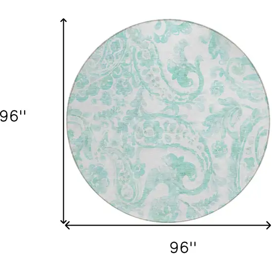 8' Turquoise And Ivory Round Paisley Washable Indoor Outdoor Area Rug Photo 3