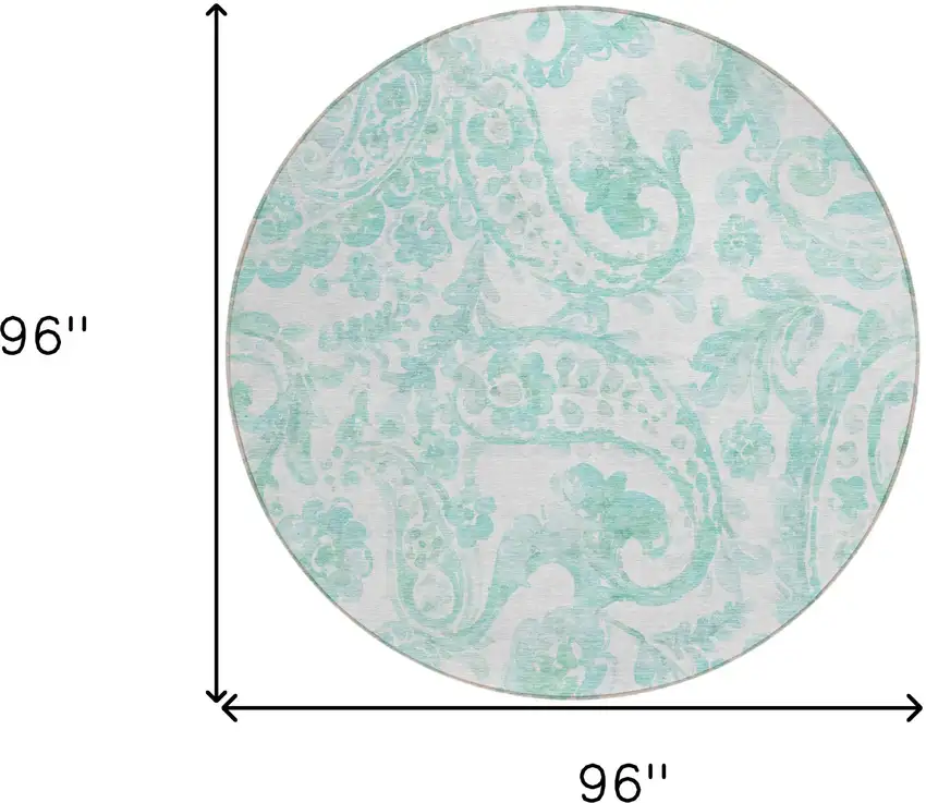 8' Turquoise And Ivory Round Paisley Washable Indoor Outdoor Area Rug Photo 3