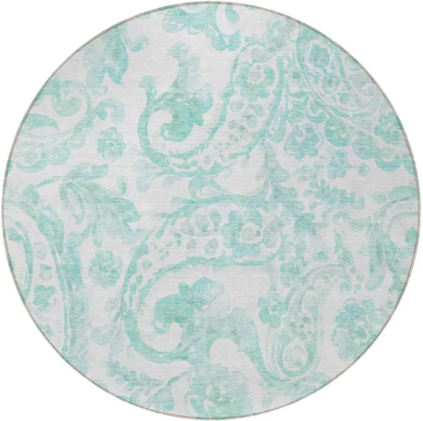 8' Turquoise And Ivory Round Paisley Washable Indoor Outdoor Area Rug Photo 5