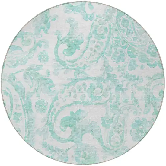 8' Turquoise And Ivory Round Paisley Washable Indoor Outdoor Area Rug Photo 5