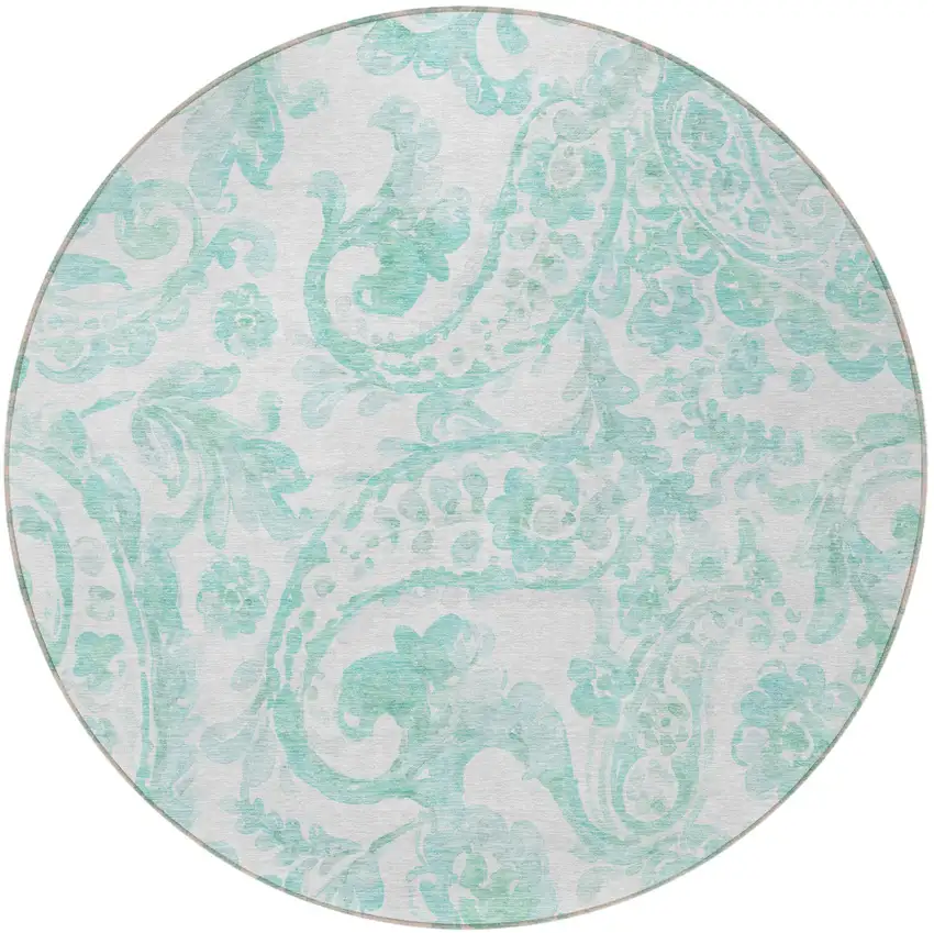 8' Turquoise And Ivory Round Paisley Washable Indoor Outdoor Area Rug Photo 5