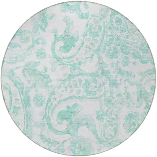 8' Turquoise And Ivory Round Paisley Washable Indoor Outdoor Area Rug Photo 5
