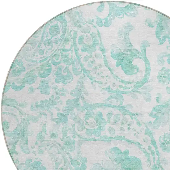8' Turquoise And Ivory Round Paisley Washable Indoor Outdoor Area Rug Photo 4