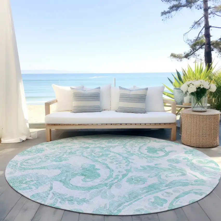 8' Turquoise And Ivory Round Paisley Washable Indoor Outdoor Area Rug Photo 6