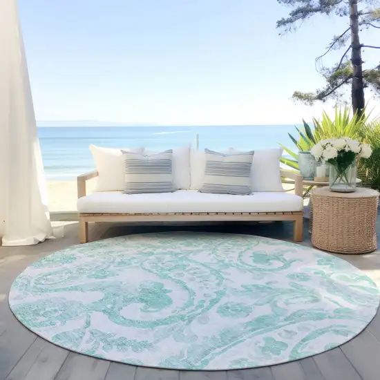 8' Turquoise And Ivory Round Paisley Washable Indoor Outdoor Area Rug Photo 6