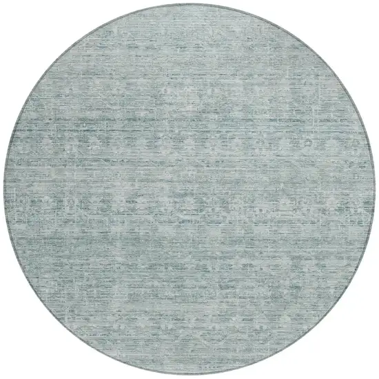 8' Turquoise And Ivory Round Striped Washable Indoor Outdoor Area Rug Photo 3