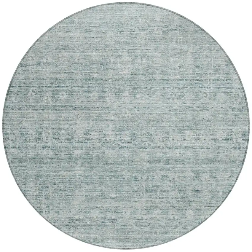 8' Turquoise And Ivory Round Striped Washable Indoor Outdoor Area Rug Photo 3