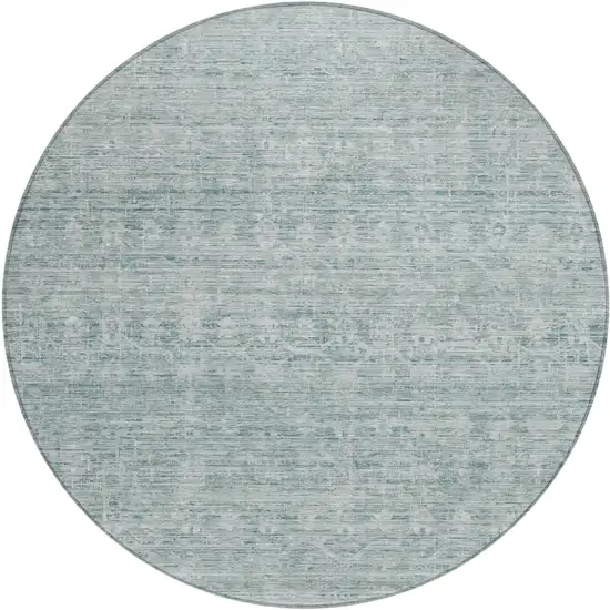 8' Turquoise And Ivory Round Striped Washable Indoor Outdoor Area Rug Photo 1