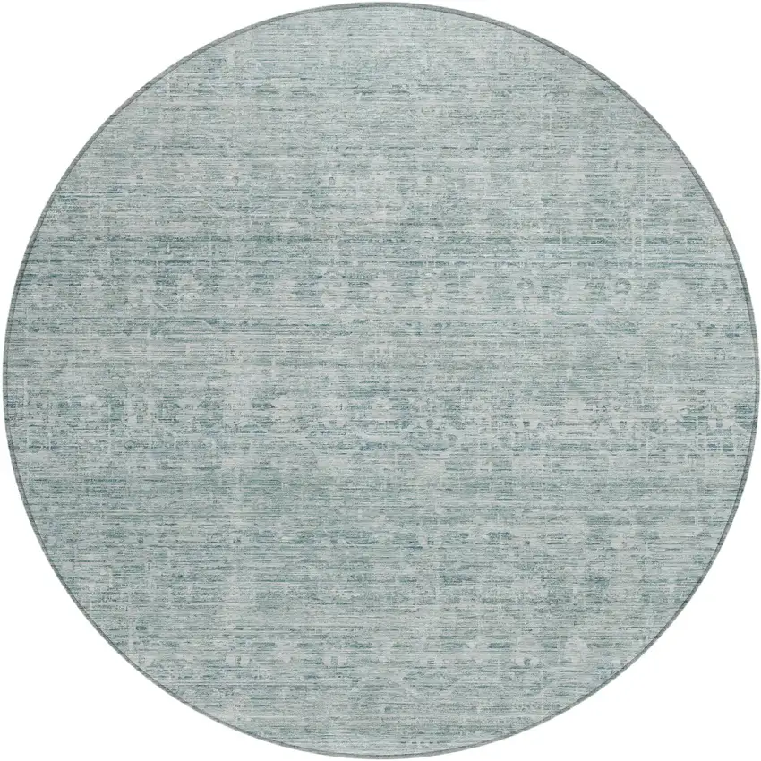 8' Turquoise And Ivory Round Striped Washable Indoor Outdoor Area Rug Photo 1