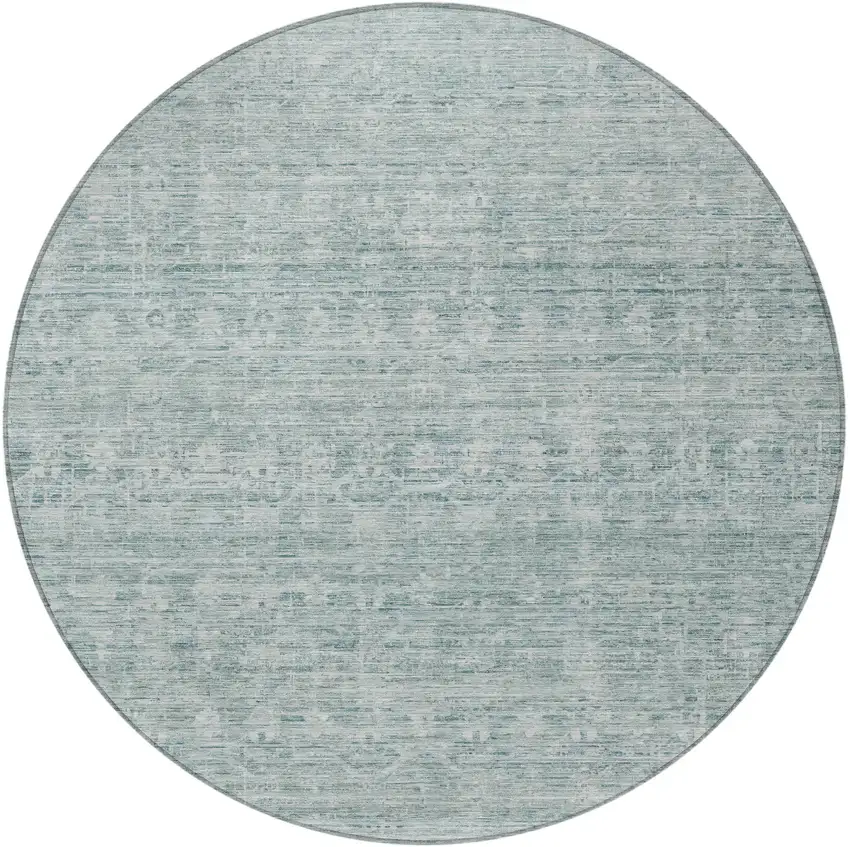 8' Turquoise And Ivory Round Striped Washable Indoor Outdoor Area Rug Photo 4