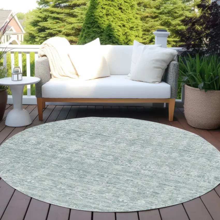 8' Turquoise And Ivory Round Striped Washable Indoor Outdoor Area Rug Photo 5