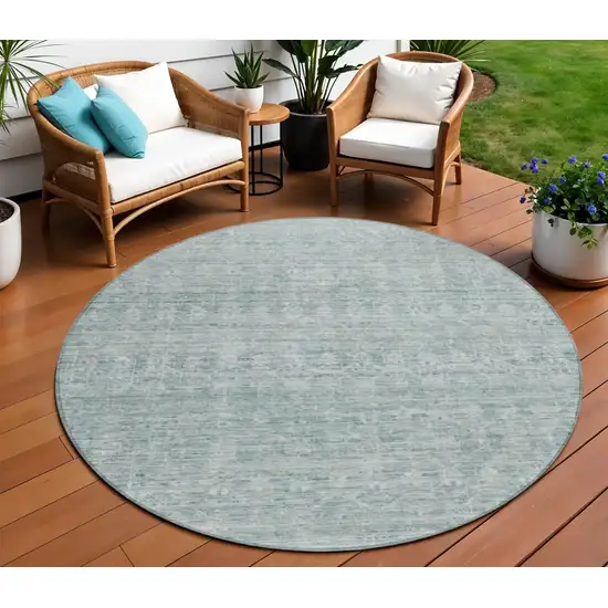 8' Turquoise And Ivory Round Striped Washable Indoor Outdoor Area Rug Photo 2