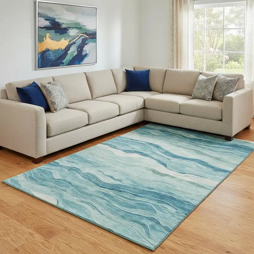 8' Turquoise And Ivory Striped Washable Area Rug With UV Protection Photo 2