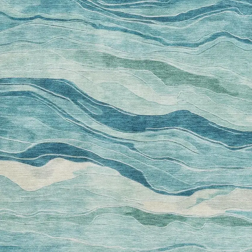 8' Turquoise And Ivory Striped Washable Area Rug With UV Protection Photo 2