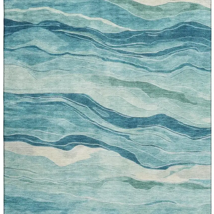 8' Turquoise And Ivory Striped Washable Area Rug With UV Protection Photo 3