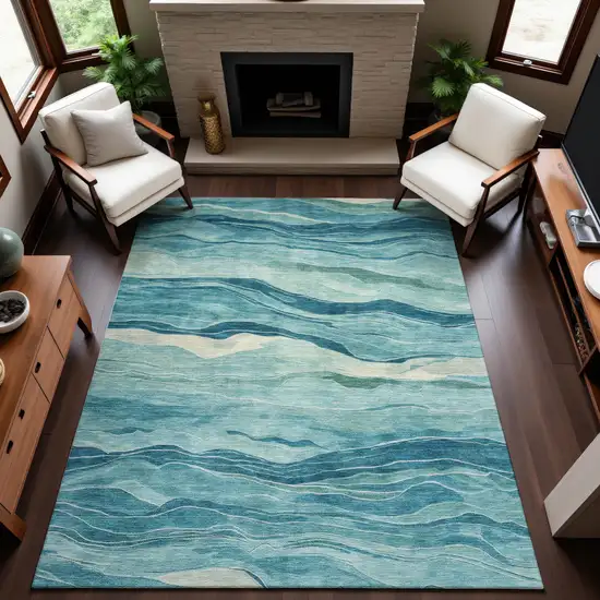 8' Turquoise And Ivory Striped Washable Area Rug With UV Protection Photo 4
