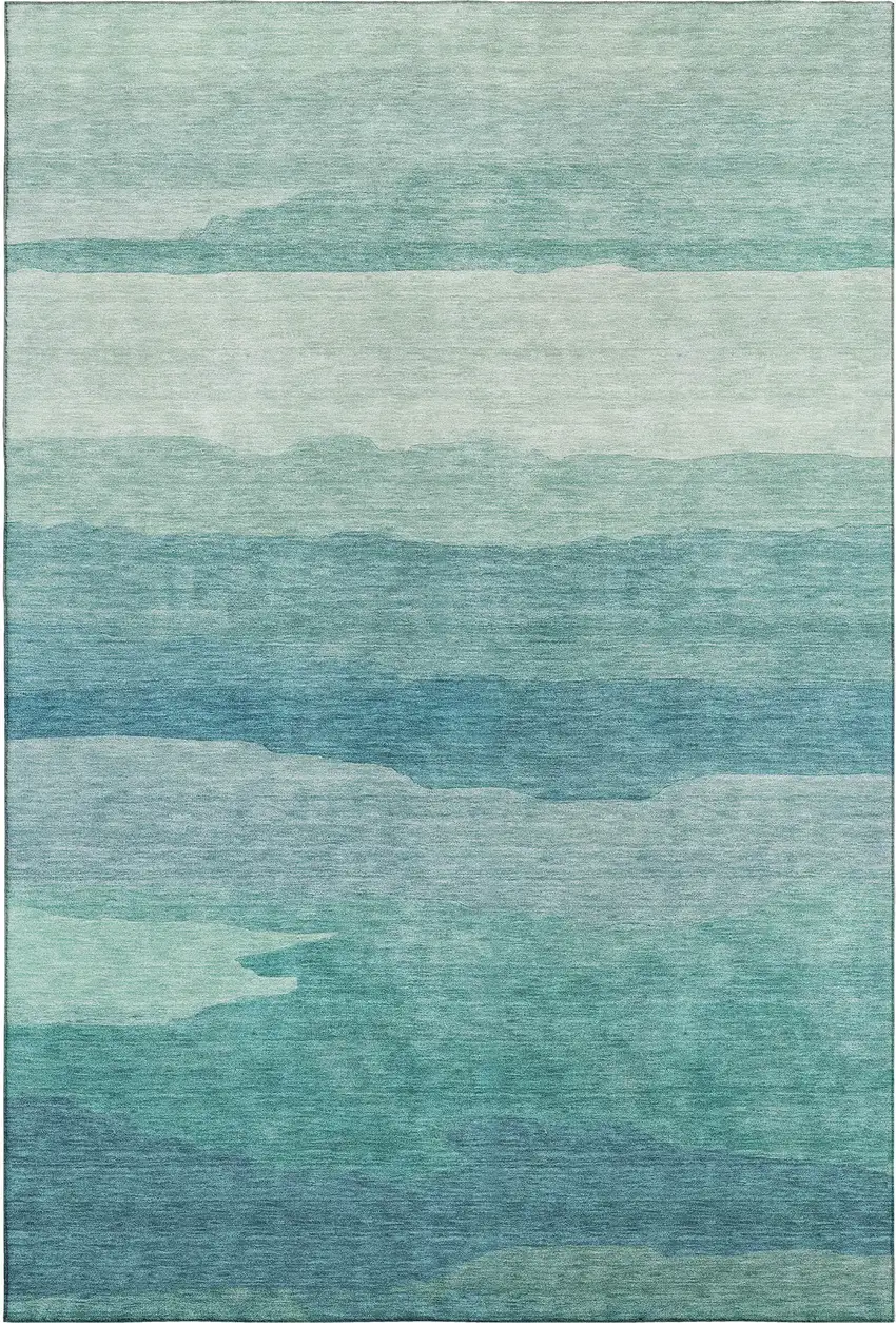 8' Turquoise And Ivory Striped Washable Area Rug With UV Protection Photo 1