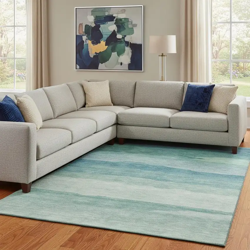 8' Turquoise And Ivory Striped Washable Area Rug With UV Protection Photo 1