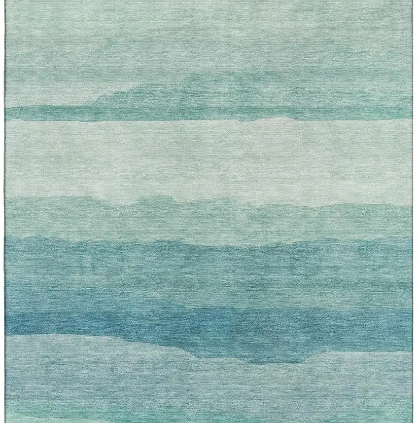 8' Turquoise And Ivory Striped Washable Area Rug With UV Protection Photo 3